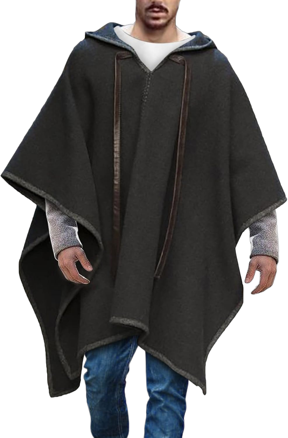 Men's Hooded Cloak Coat Wool Blend Drawstring Gothic Hoodie Long Cape Fall Winter Oversized Casual Loose Vintage Poncho 3X-Large Black