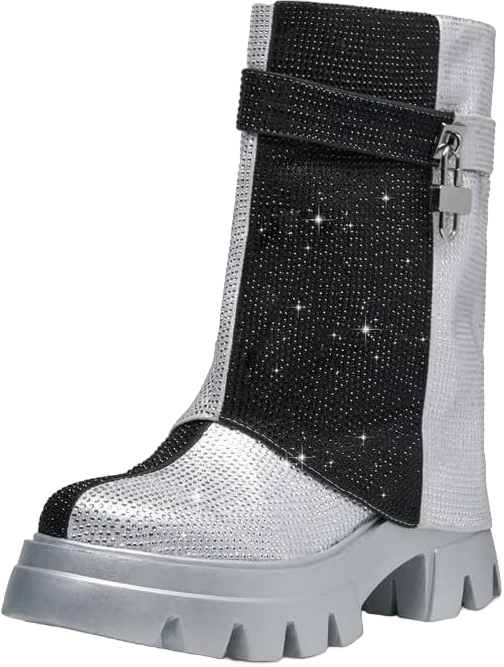 GOSERCE Rhinestone Platform Boots Lug Sole Fold Over Booties Mid Calf Sparkly With Round Toe and Zipper