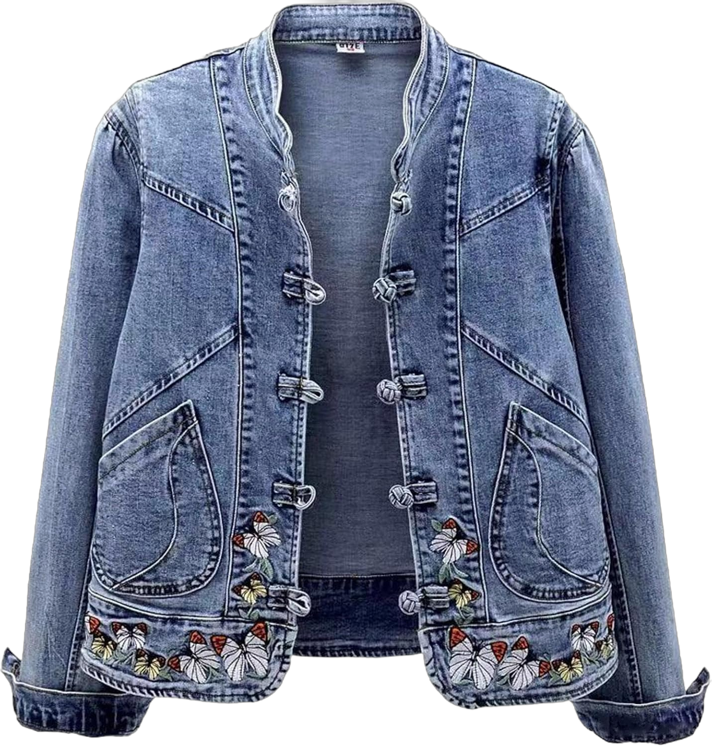 Butterfly Embroidery Denim Jacket for Women Long Sleeve Botton Up Coat with Pocket Trendy Fitted Fall Plain Autumn Outerwear 3X-Large J89-blue