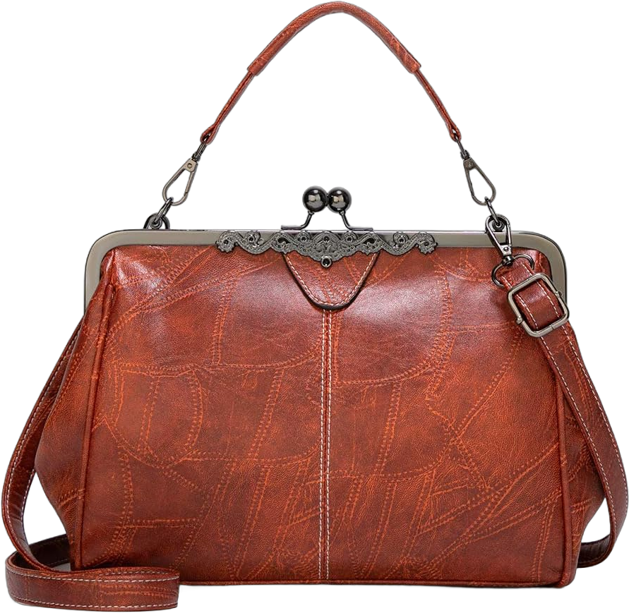 Vintage Kiss Lock Handbags for Women Oil Leather Evening Clutch Satchel Purse Tote Brown