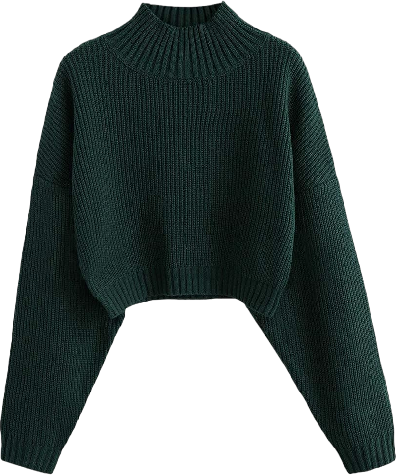 ZAFUL Women's Pullover Sweater Drop Shoulder Plain Knitted Cropped Sweater Pullover Solid Long Sleeve Cropped Tops Aaa-dark Forest Green Large