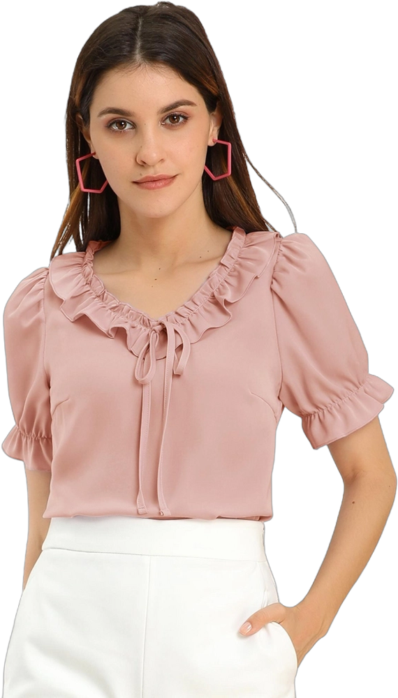 Allegra K Women's Tie Ruffle V Neck Puff Sleeve Casual Blouse Light Pink Small