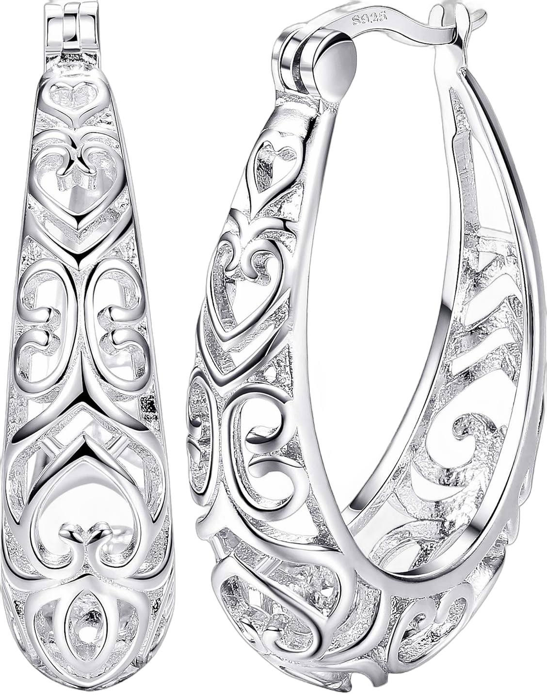 Milacolato 925 Sterling Silver Hoop Earrings for Women 18K White Gold Plated Textured Filigree Oval Hoop Earrings Lightweight & Hypoallergenic Vintage Hoop Earrings 18K White Gold Plated Silver