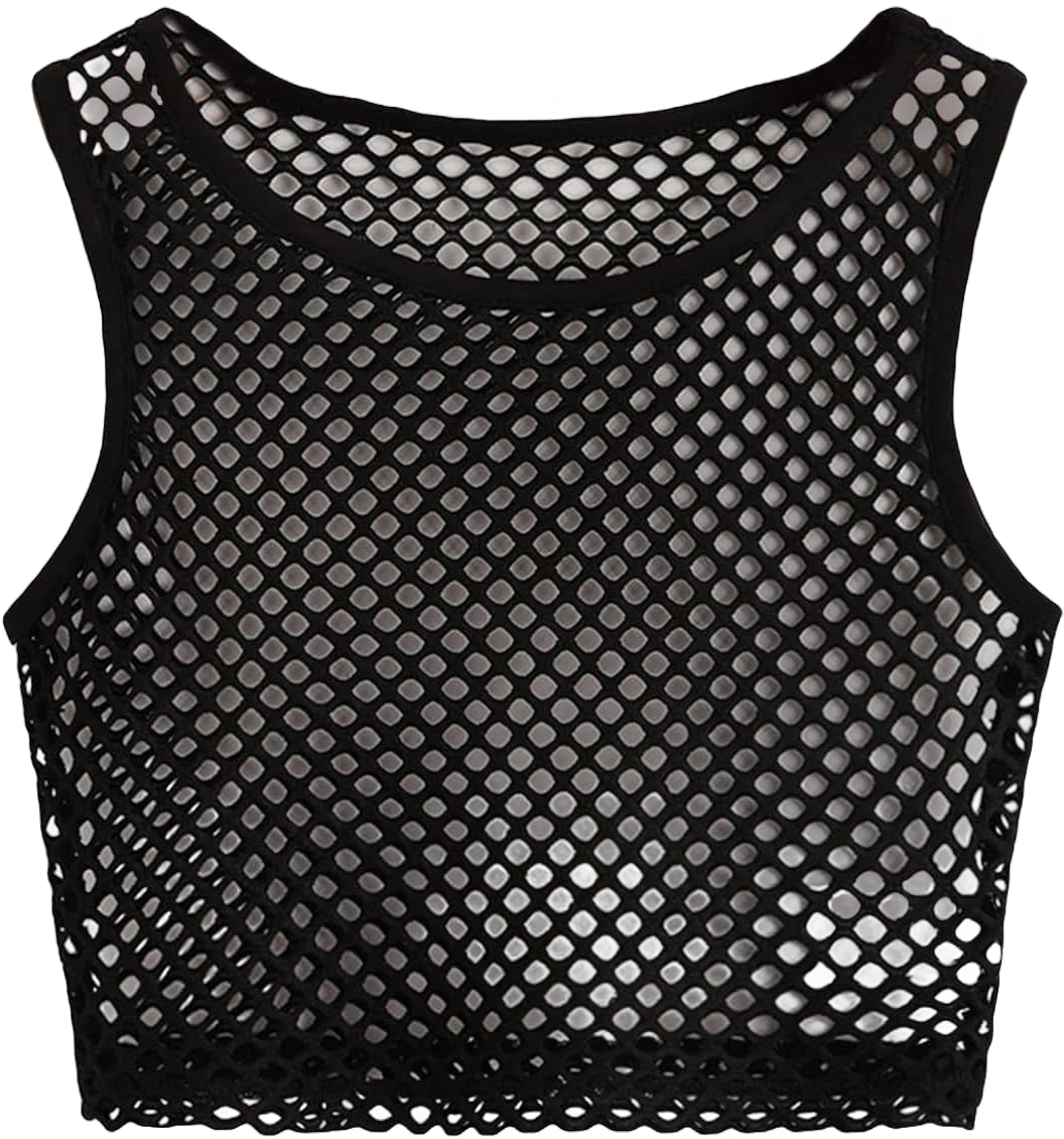 Verdusa Women's Fishnet Sheer Sleeveless Mesh See Through Round Neck Crop Tank Top Black S