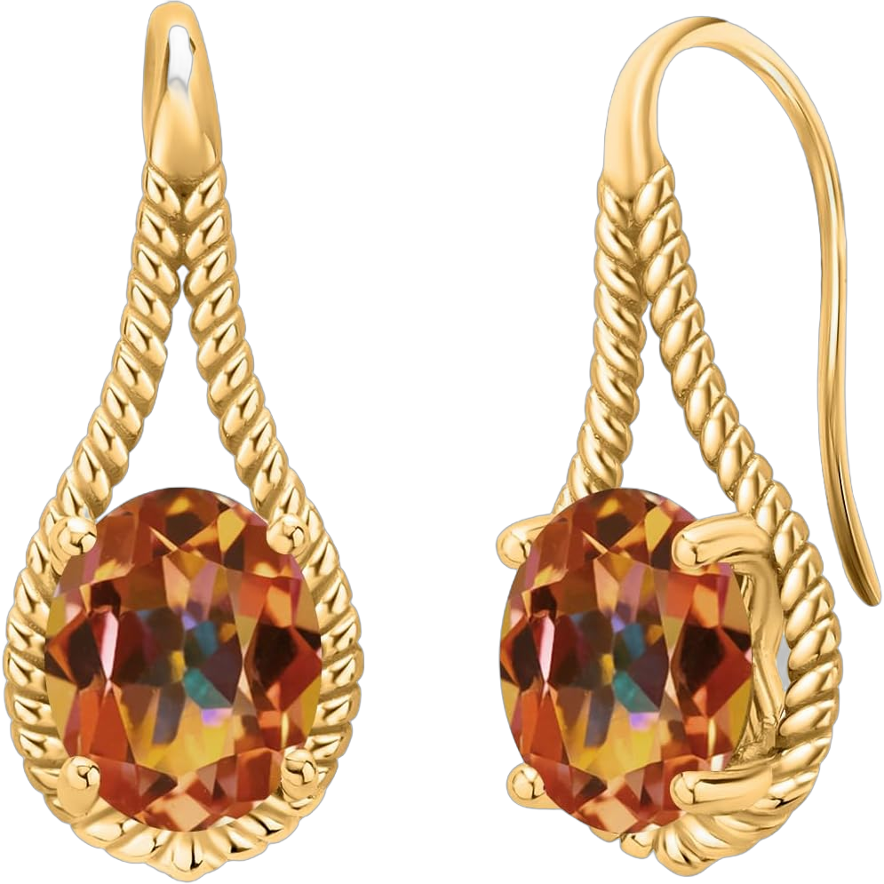 Gem Stone King 18K Yellow Gold Plated 9X7MM Oval Gemstone Birthstone French Wire Dangle Hook Earrings For Women Ecstasy Mystic Topaz