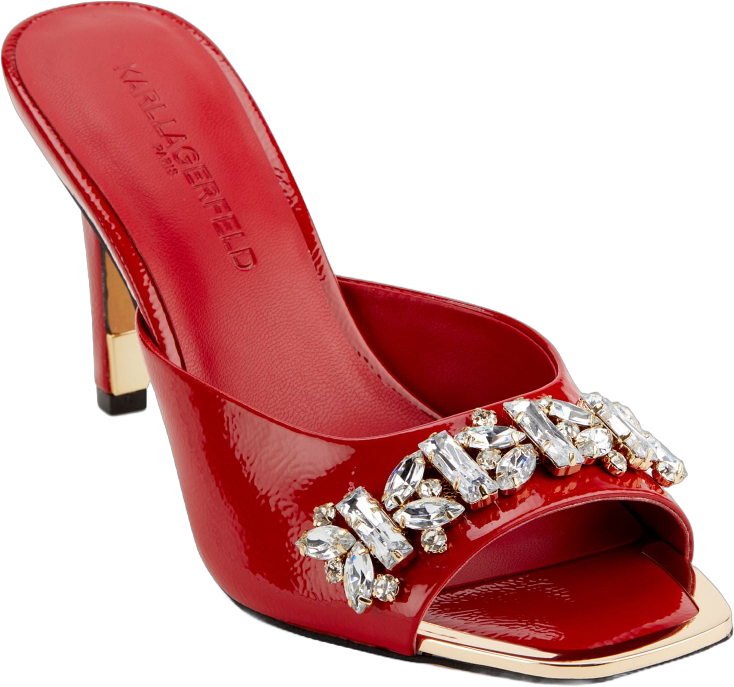 KARL LAGERFELD PARIS KARL LAGERFELD Womens Red Embellished Metallic Belita Square Toe Stiletto Slip On Leather Dress Heeled Sandal 6.5