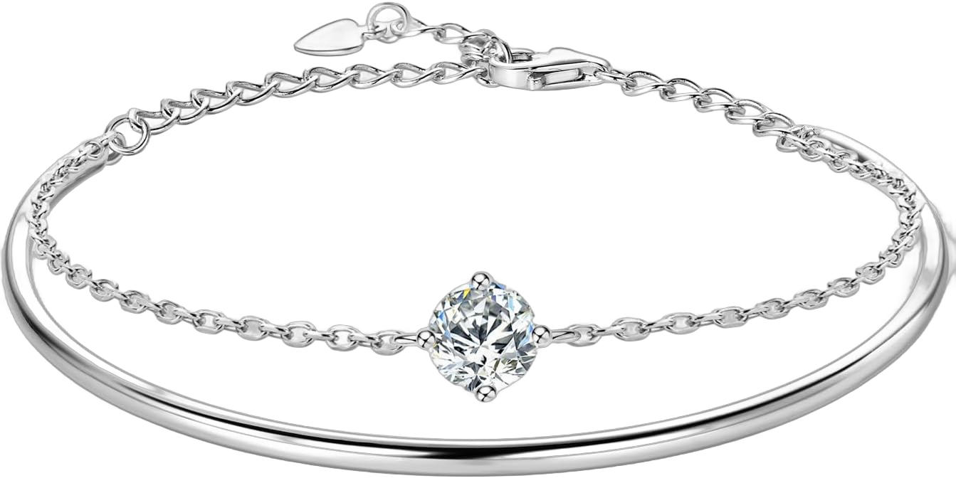 Moissanite Bracelets for Women Mom 925 Sterling Silver Dainty Double-layered Bangle Bracelet Christmas Valentine's day Birthday Jewelry Gift for Her