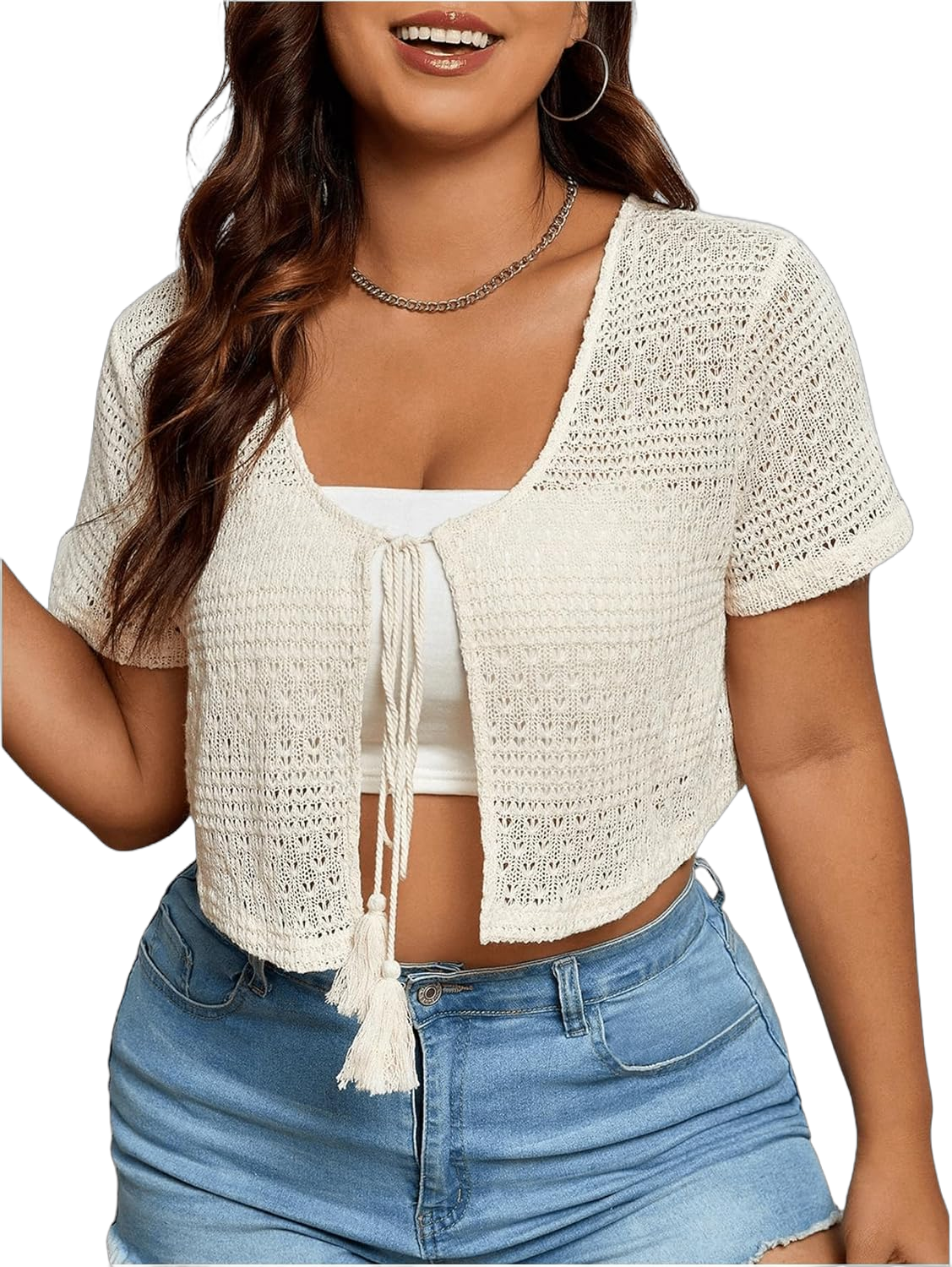 Women's Plus Size Tassel Tie Front Cardigan Short Sleeve Sheer Lightweight Knit Crop Sweaters XX-Large Plus Apricot