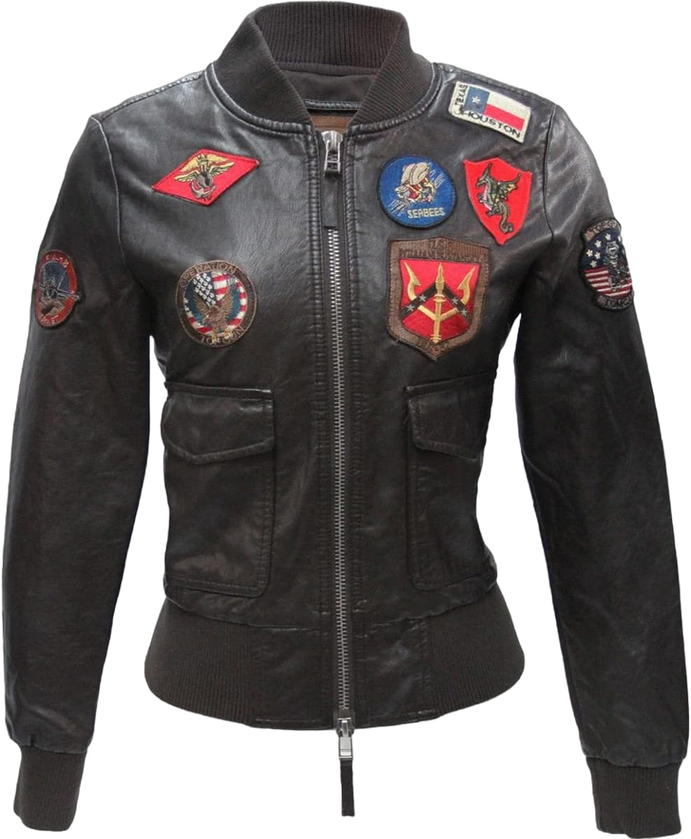 Womens Brown Top Aviators Flight Bomber Pilot Patches Leather Jacket X-Large Brown Faux Leather Jacket