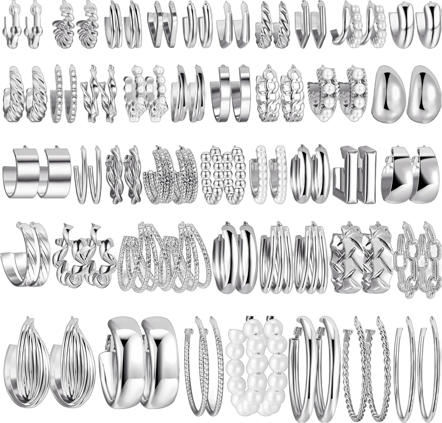 42 Pairs silver Hoop Earrings Set for Women, Fashion Chunky Pearl Earrings Multipack Twisted Statement Earring Pack, Hypoallergenic Small Big Hoops Earrings for Birthday Party (Sliver-42 pairs)