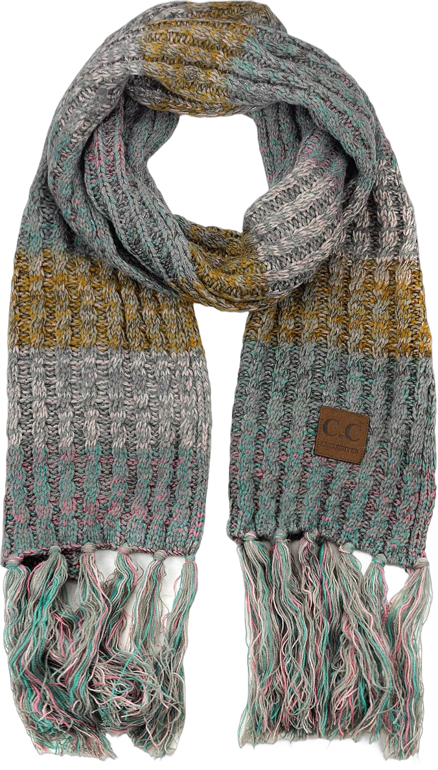 C.C Women's Long Multicolored Warm Cable Knit Shawl Wrap Tassel Scarf Rose/Mint