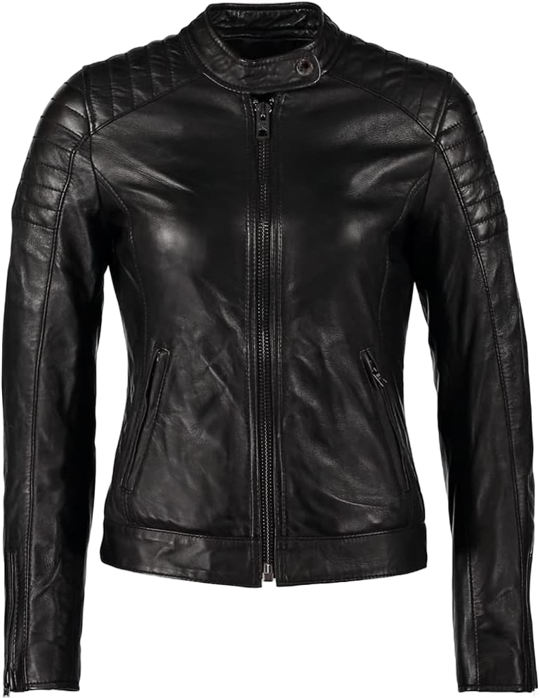 Women's Leather Real Moto For Black Coat, Barb- Black, Large