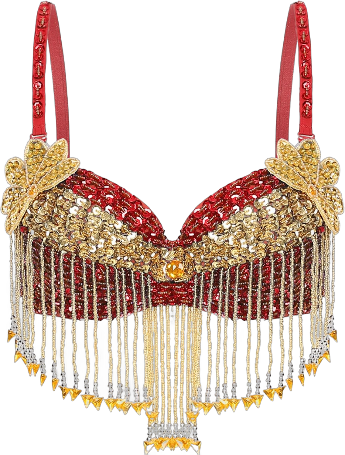 Women's Shiny Sequins Beaded Tassel Underwired Bra Rave Belly Dance Crop Tops for Stage Show Red One Size