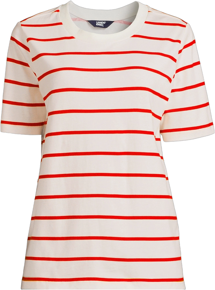 Lands' End Women's Cotton Relaxed Short Sleeve Crew Neck T-Shirt - Medium - Ecru/Red Stripe