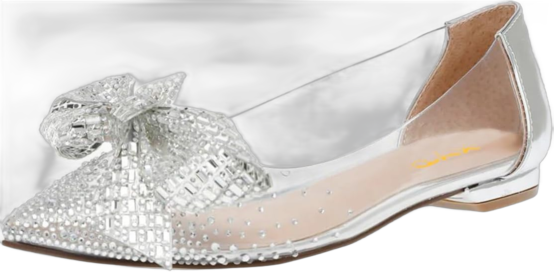 XYD Women Elegant Pointed Toe Rhinestone Flats Mesh Slip On Low Heel Crystal Embellished Wedding Bride Dress Shoes 6.5 Silver Crystal Bowtie