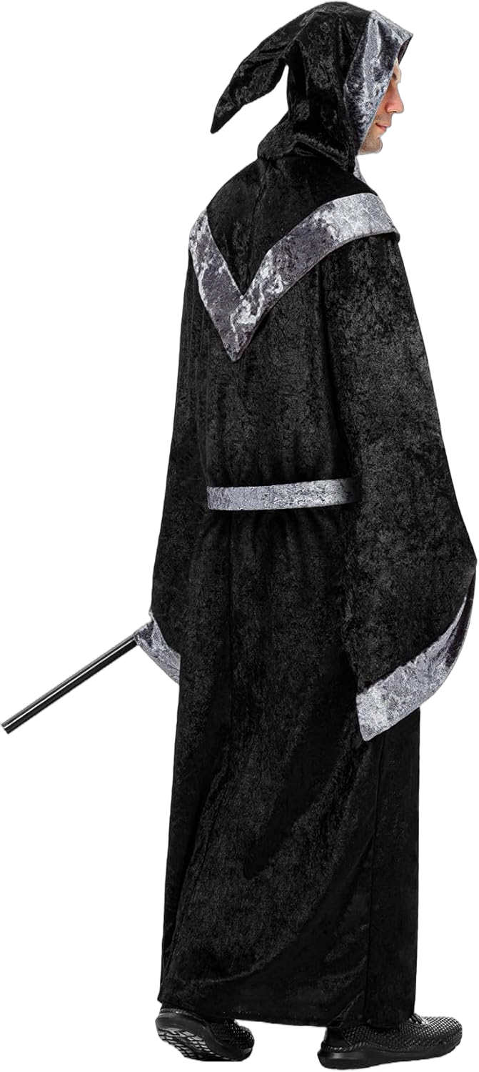 Wizard Costume Men Adult, Warlock Costume Men Sorcerer Costume Wizard Costume with Black Wizard Robe Cloak and Wand Men Black Small