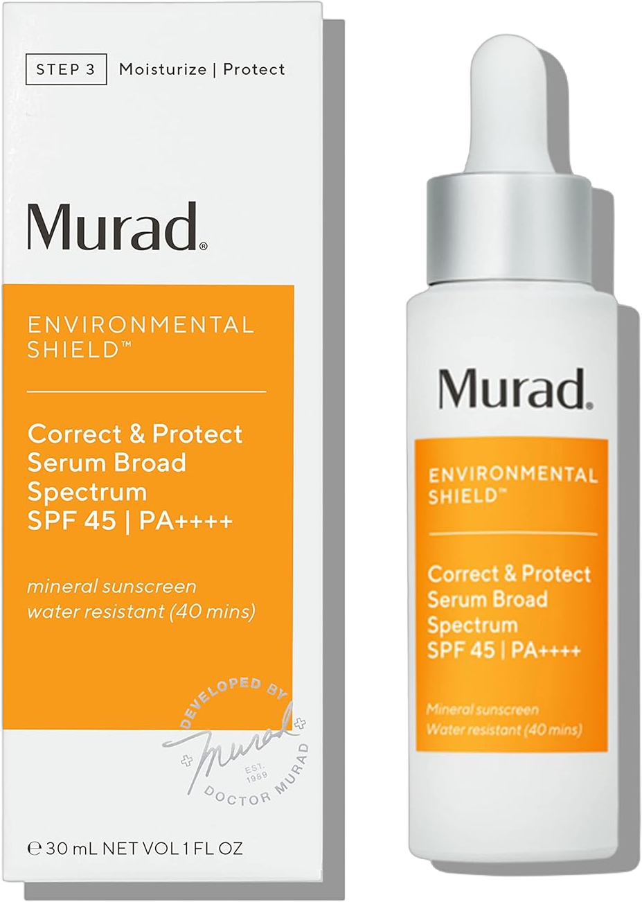 Murad Correct & Protect Broad Spectrum SPF 45 - Environmental Shield 100% Mineral Sunscreen Serum - Blue Light Defense - Brightens and Reduces Discoloration, 1.0 Fl Oz