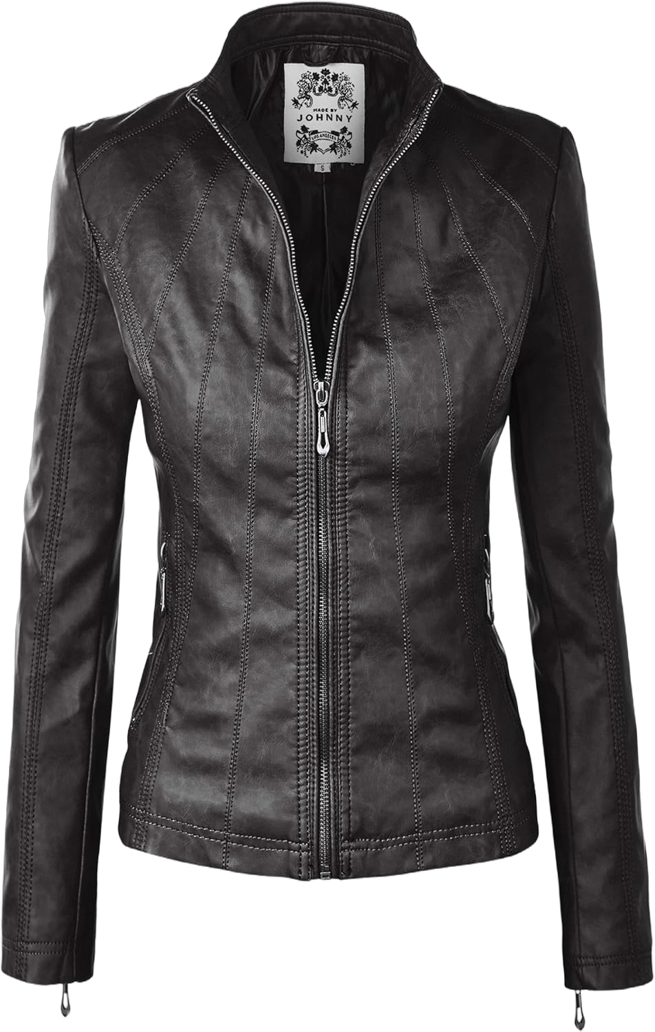 Made By Johnny MBJ Womens Faux Leather Zip Up Moto Biker Jacket with Stitching Detail Large Wjc877_black