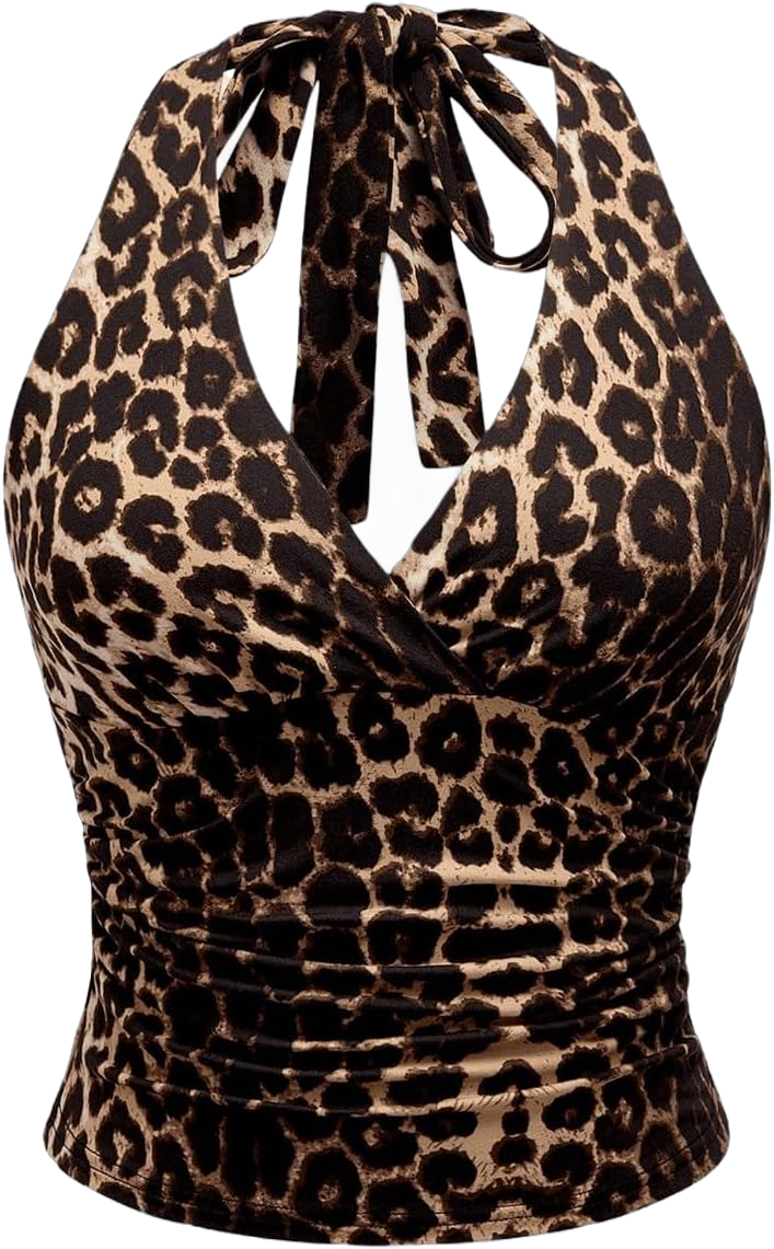 Floerns Women's Plus Size Leopard Print Sleeveless Crop Tank Tops Ruched Halter Tops XX-Large Plus Brown