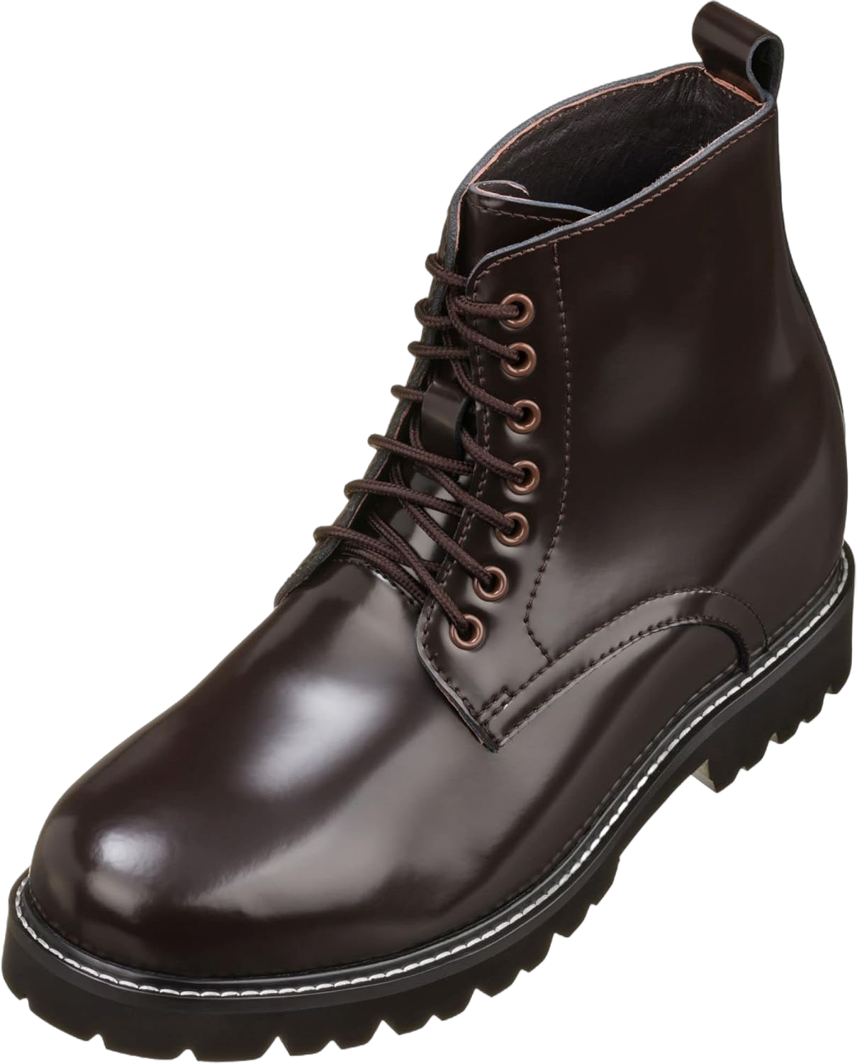 CALTO Men's Invisible Height Increasing Elevator Shoes - Leather Round-Toe Lace-up Work Boots - 3.3 Inches Taller 7.5 Brown