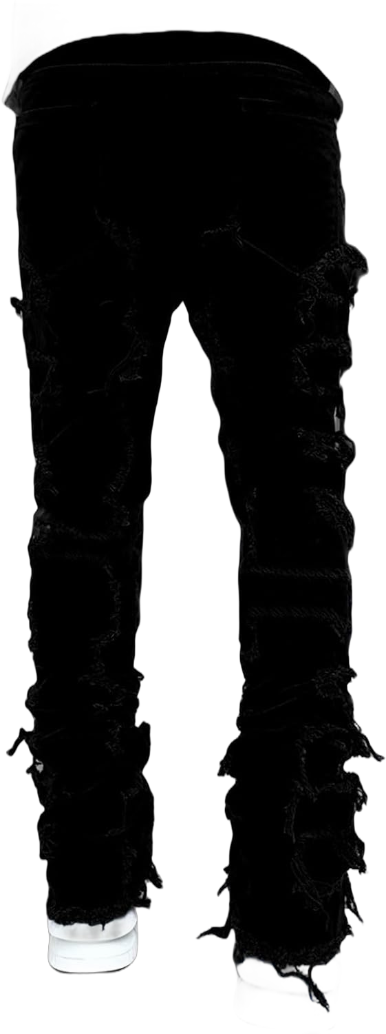 Bowanadacles Mens Stacked Jeans Denim Hip Pop Ripped Jeans Skinny Straight Pants Streetwear (Black, XL)