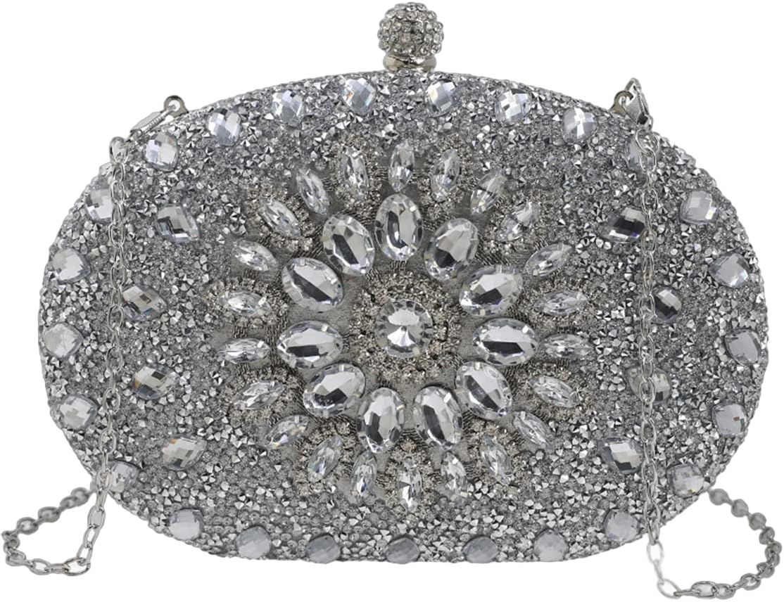 Women Evening Bag Rhinestone Clutch Purse Sparkly Sequin Handbag Silver