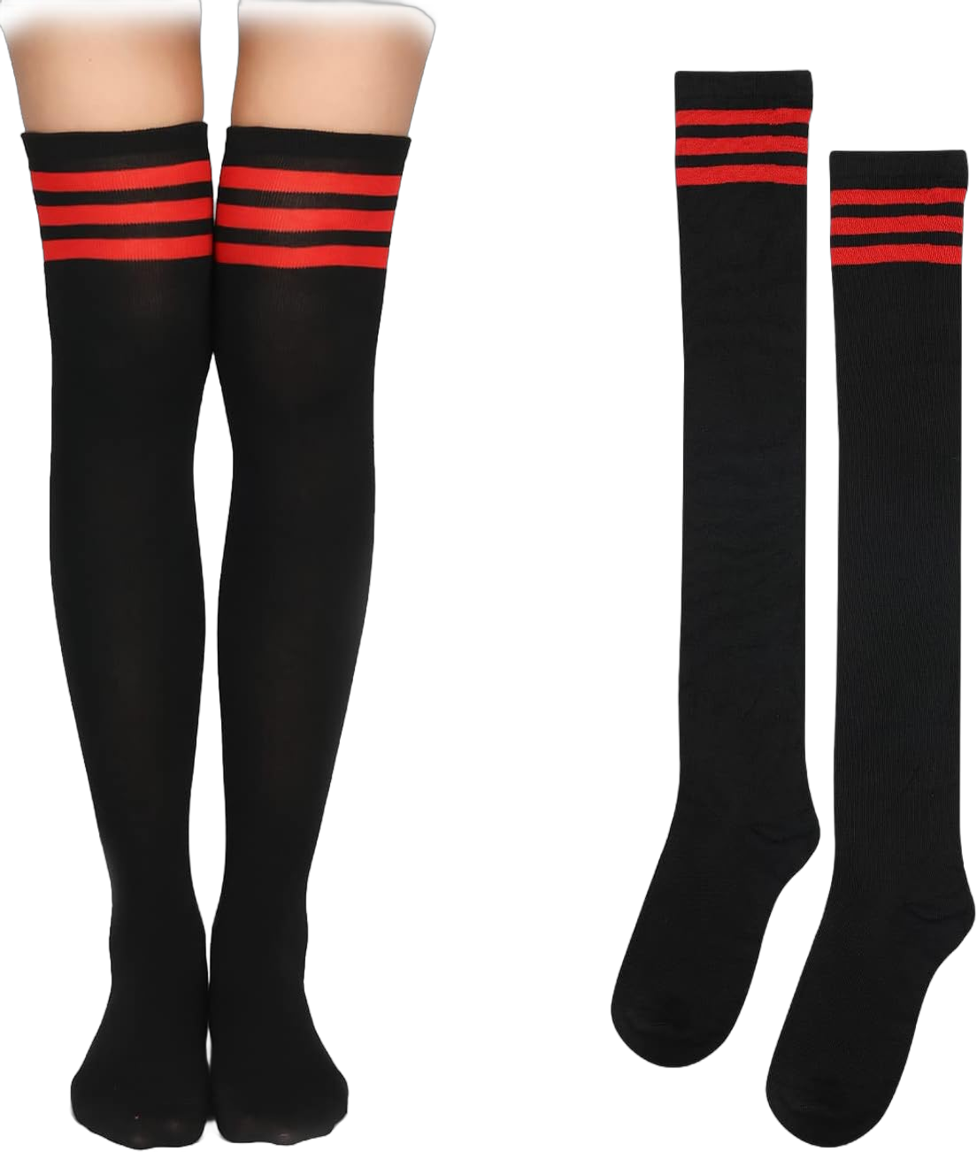 1 Pair Thigh High Socks, Cotton Soft Knee High Long Stockings Women Leg Warmers for Wednesday Christmas Cosplay Main Black, Red Stripe