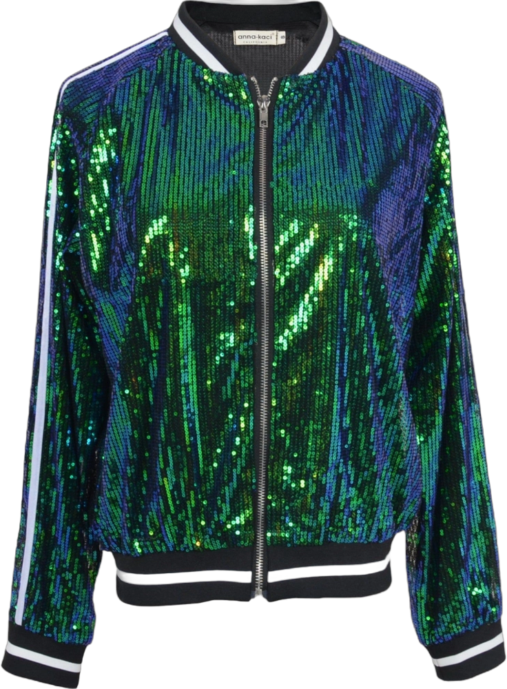 Anna-Kaci Women's Striped Long Sleeve Stripe Down Metallic Sequin Varsity Jacket - X Large, Green