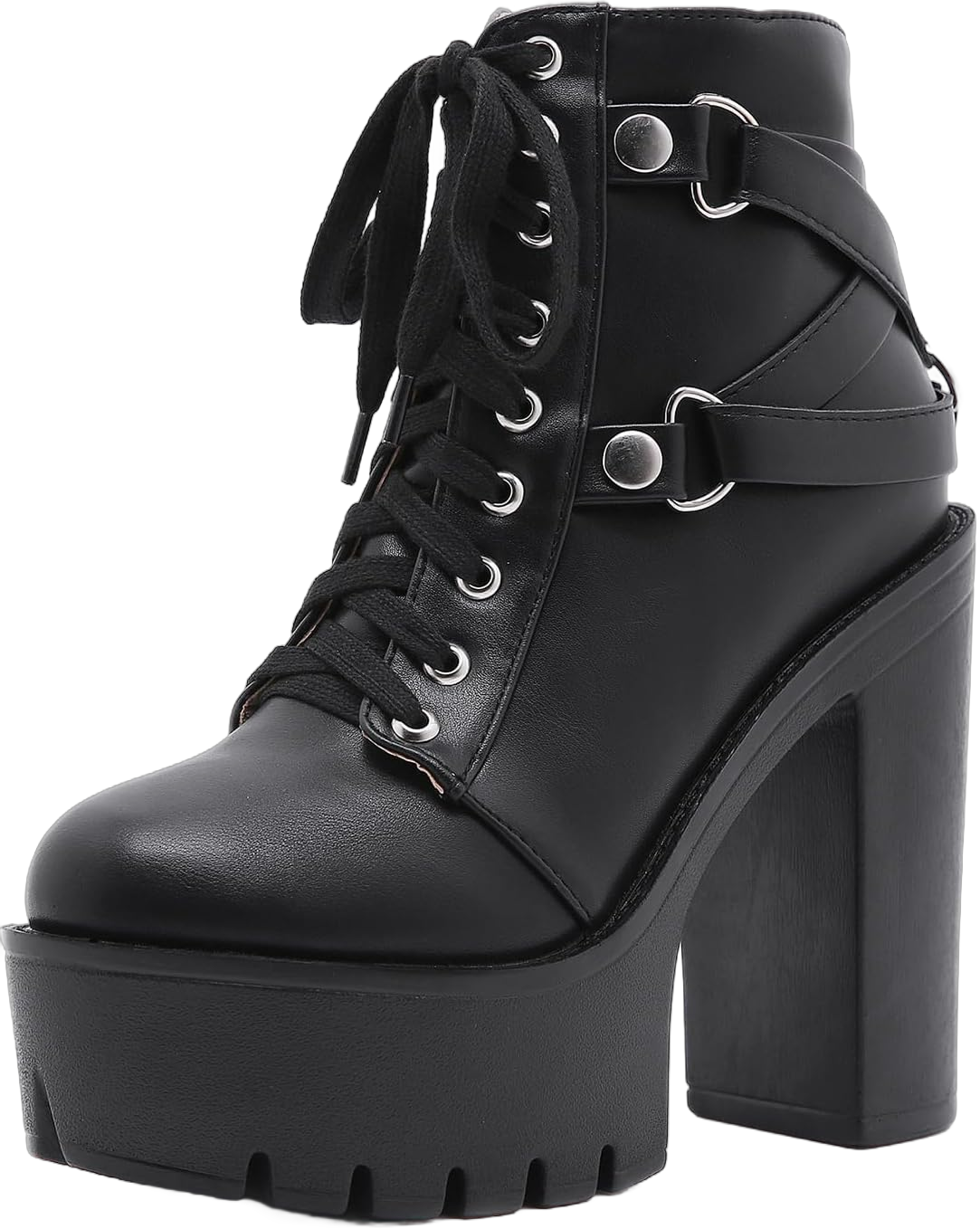 Women's Leather Platform High Heels Combat Ankle Boots With Side Zipper Fashion Comfort Round Toe Lace Up Lug Sole Chunky Heel Goth Booties for Party Prom Dress Boots Black 7