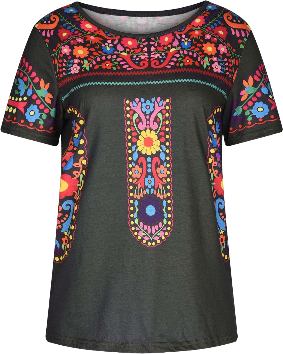 Mexican Embroidered Shirts for Women Ethnic Style Boho Print Casual Peasant Blouse Summer Short Sleeve T-Shirts Small Gray