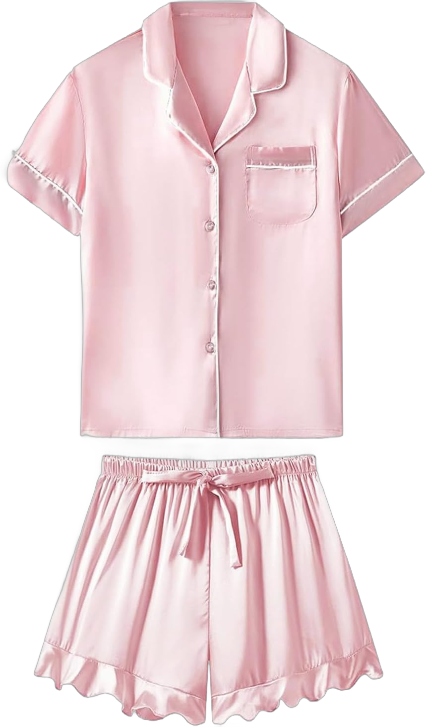 lcziwo Womens Silk Satin Pajamas Set Short Sleeve Two-Piece Pj Sets Sleepwear Loungewear Button-Down Ruffle Shorts Pj Sets Pink Small