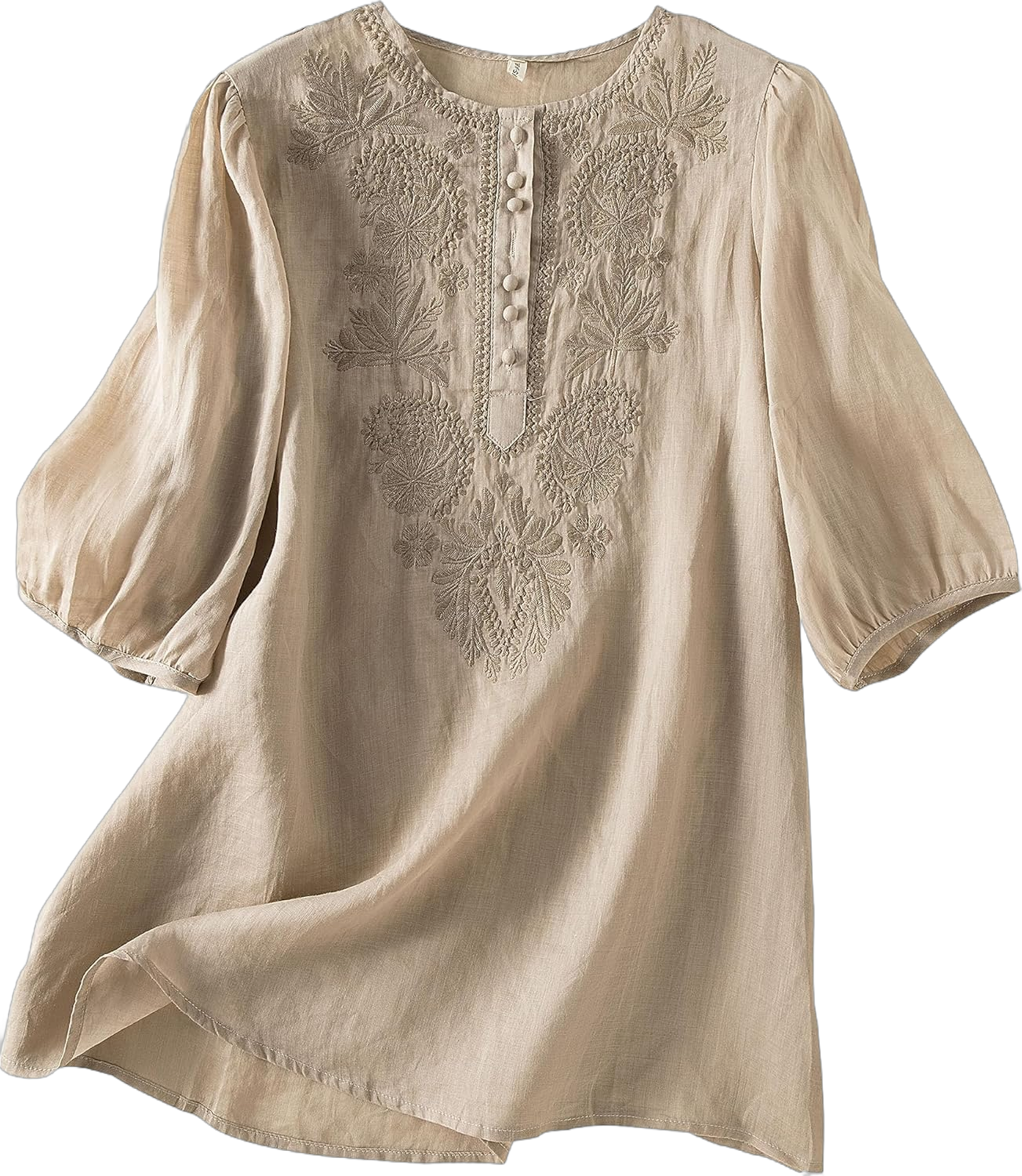 Women's Cotton Linen Embroidery Tunic 3/4 Lantern Sleeve Blouses Casual Shirt Tops