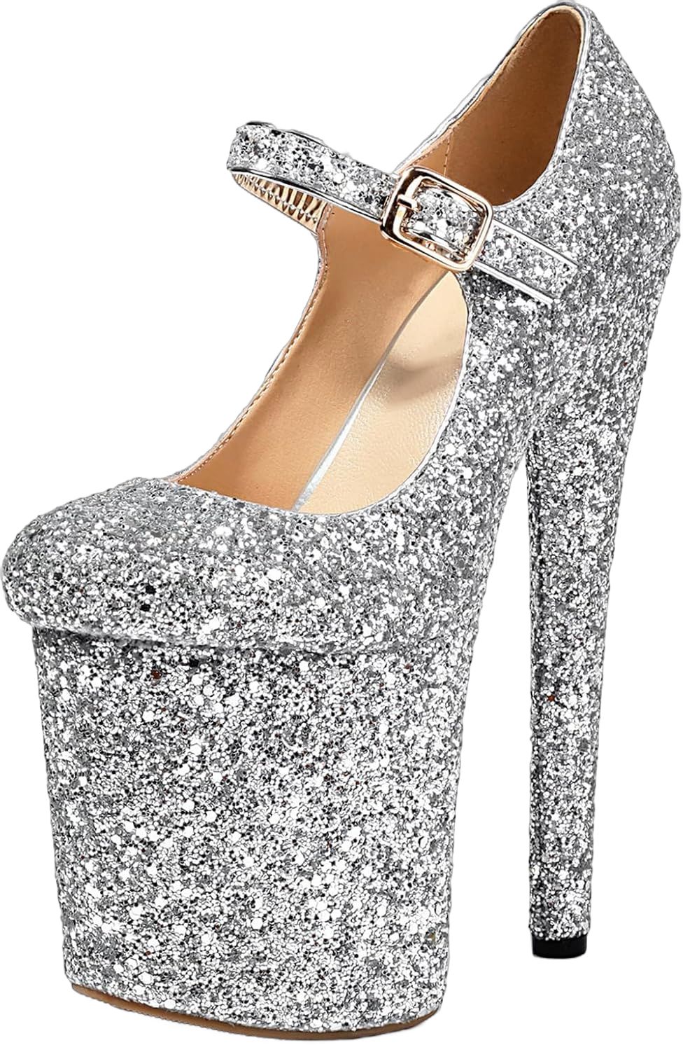 Roimaash Women Pole Dance Heels Stiletto High Heels Mary Jane Pumps Platform 7.5 Glitter Silver