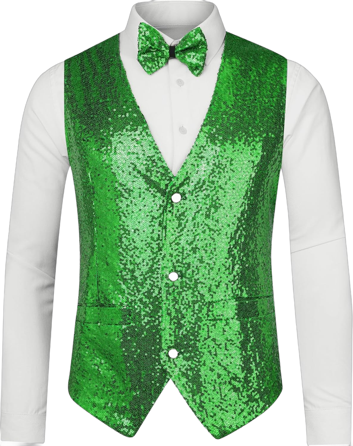 Lars Amadeus Men's Sequin Shiny Slim Fit Vest Sleeveless Suit Waistcoat Set with Bow Tie XX-Large Green