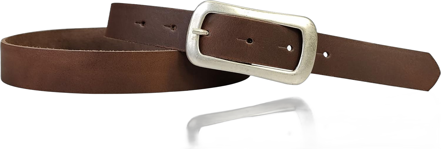 Genuine Leather Belt Slim Rectangle Buckle 0.9 inches waist size 45.5 inch (115 cm) Dark Brown