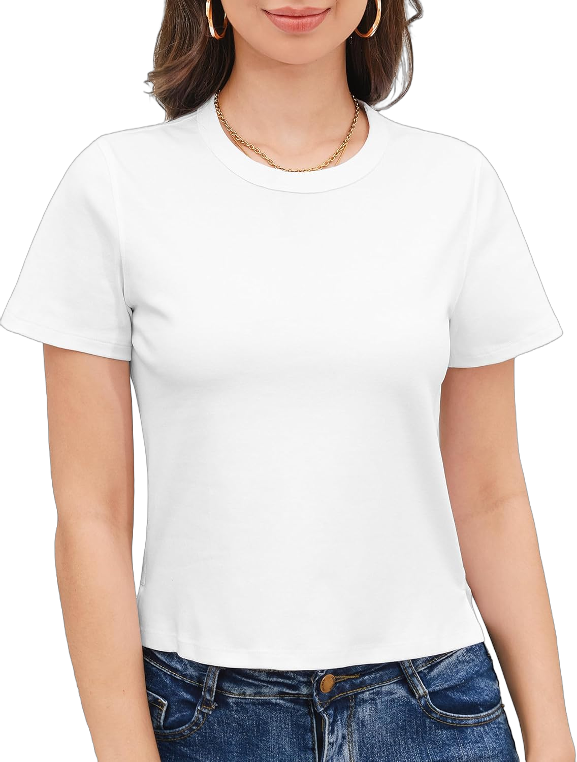 Stelle Women's Cotton T-Shirts Crewneck Short Sleeve Basic Tees Summer Casual Solid Crop Tops White X-Small