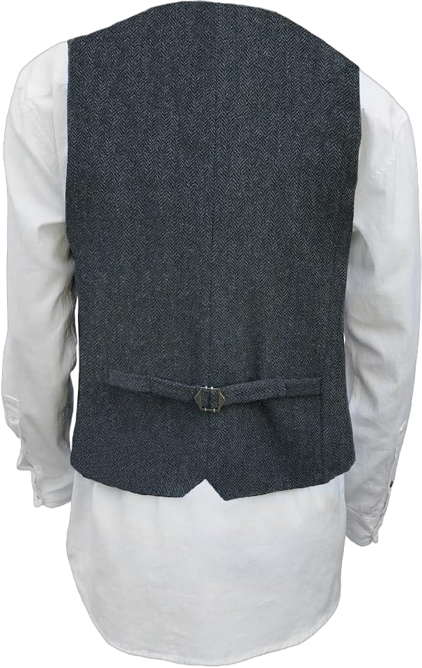 The Celtic Ranch Wool Blend Irish Tweed Mens Vest with Full Back, Adjustable Fabric Belt, 4 Pockets, and Herringbone Pattern 3X-Large Navy