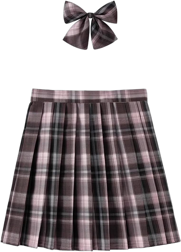 Women's Girls Plaid Adjustable Waist Sport Skorts School Uniform Costumes Skirt with Bowties Set 10 Brown Black White Skort