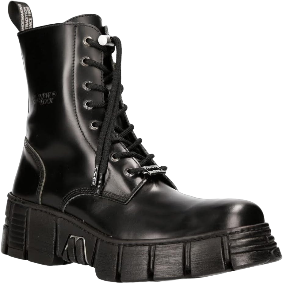 New Rock M-WALL026N-C5 Boots Black Leather Men's Wall Gothic Rock Biker Tower Ankle Boots 8.5 Black