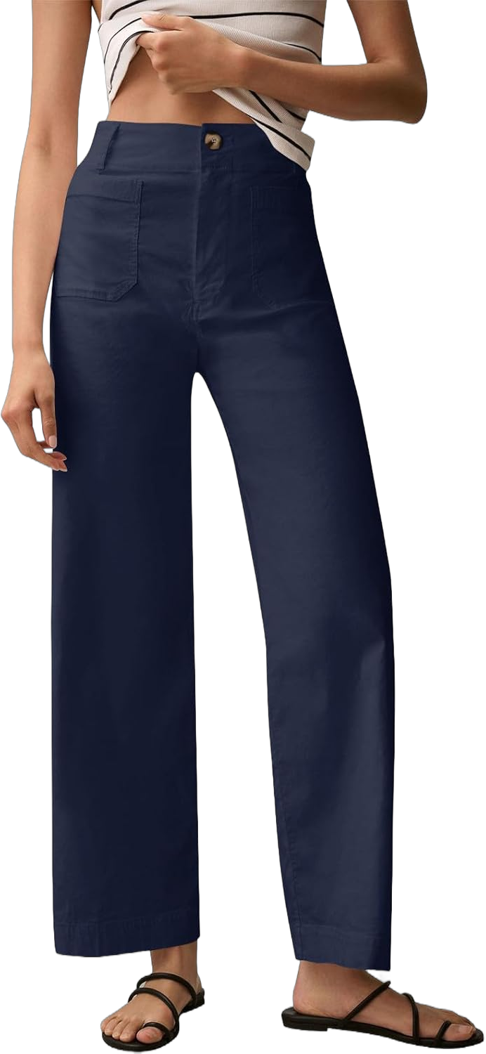 Twill Stretch Cropped Wide Leg Pants for Women Business Casual High Waist Chino Pants Office Work Ankle Jeans w/Pocket Small Bbb04-dark Blue