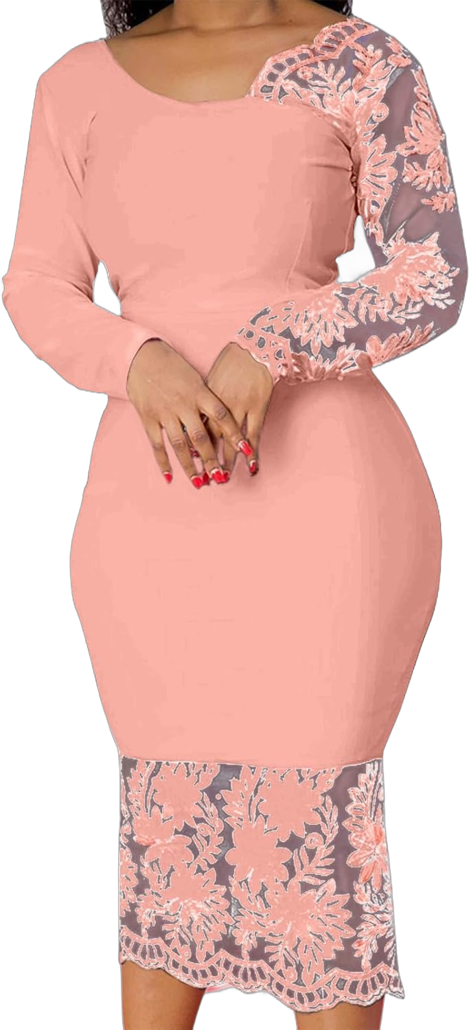 Cololura Women Elegant Floral Lace Patchwork Long Sleeve Evening Gown Party Cocktail Bodycon Dress XX-Large Pink