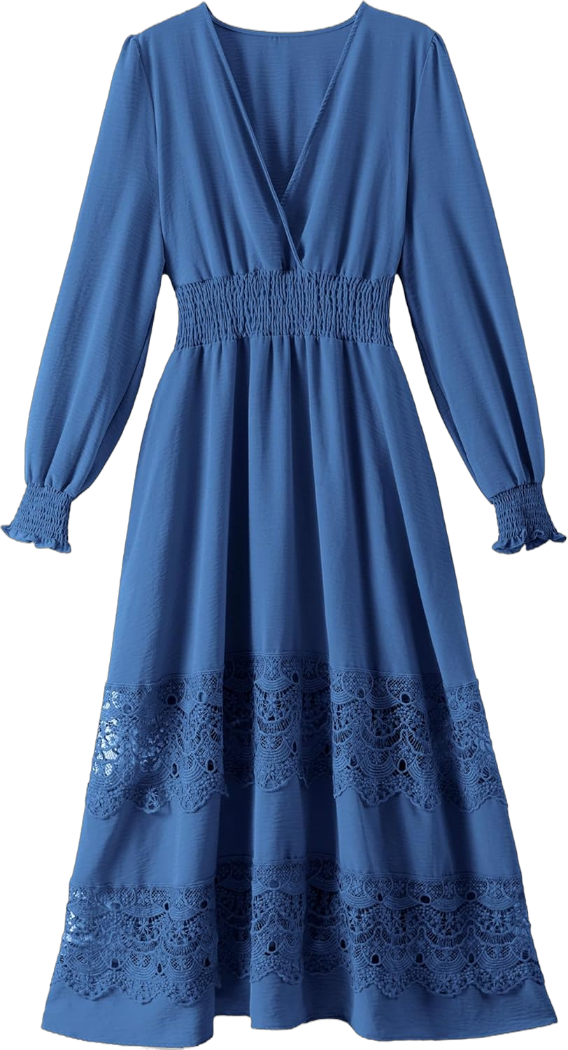 Women's Lace Maxi Dress Short Sleeve V Neck Party Dress Smocked Waist Boho Maxi Dress Bohemian Dress for Women Long Sleeve Blue Medium