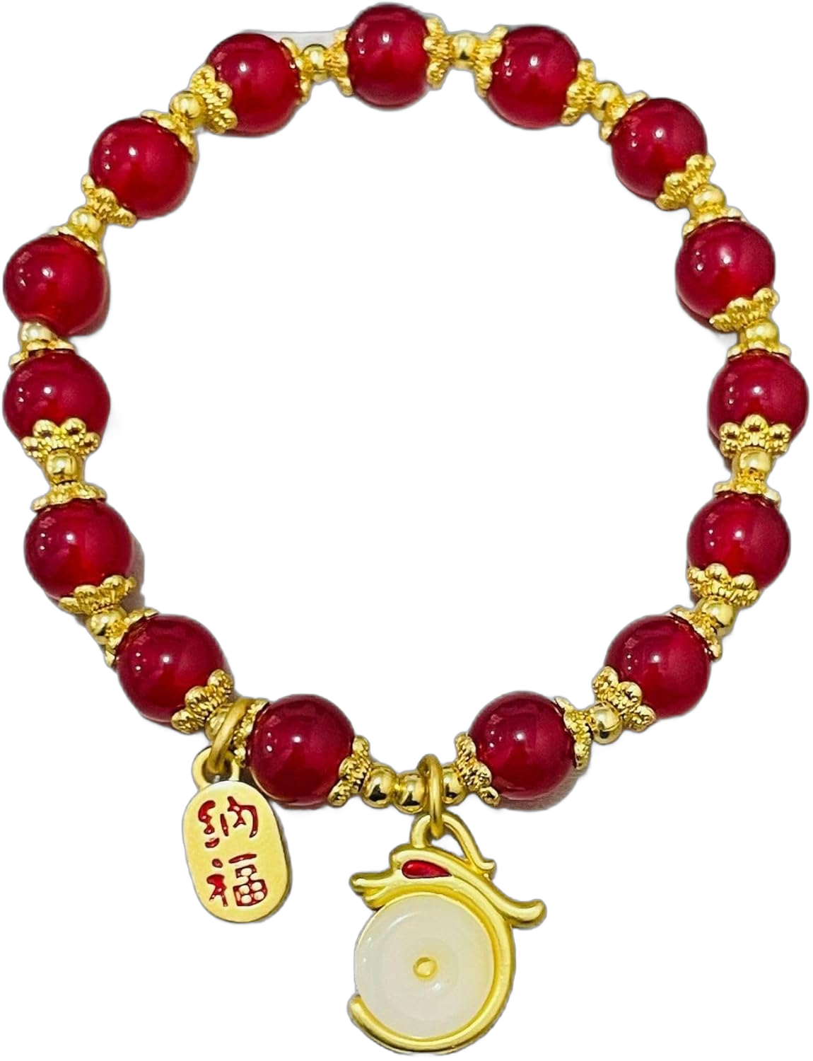 Mnyixsi Jade Bracelet Feng Shui Bracelet for Women 18k Gold Plated Brass Dragon Pendant Mala Beads Good Luck Friendship Bracelets Beads Stretchable Protect Your Spirit Bracelet Red