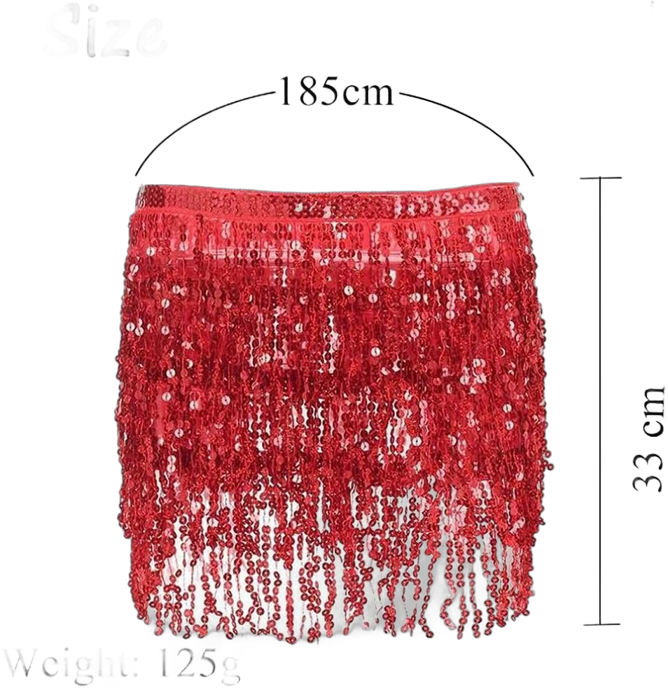 RELBCY Belly Dance Hip Skirt Sequins Fringe Skirt Tassel Hip Scarf Rave Skirt for Women and Girls 43 Short C-red