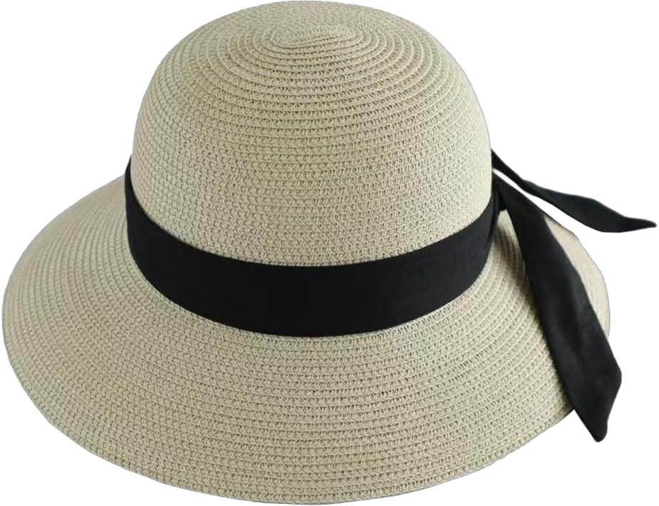 Women's Wide Brim Straw Hat UPF50+ Sun Hat Floppy Outdoor Hat with Lanyard Beige-black Ribbon 80%Paper,10%Cotton,10%Polyester