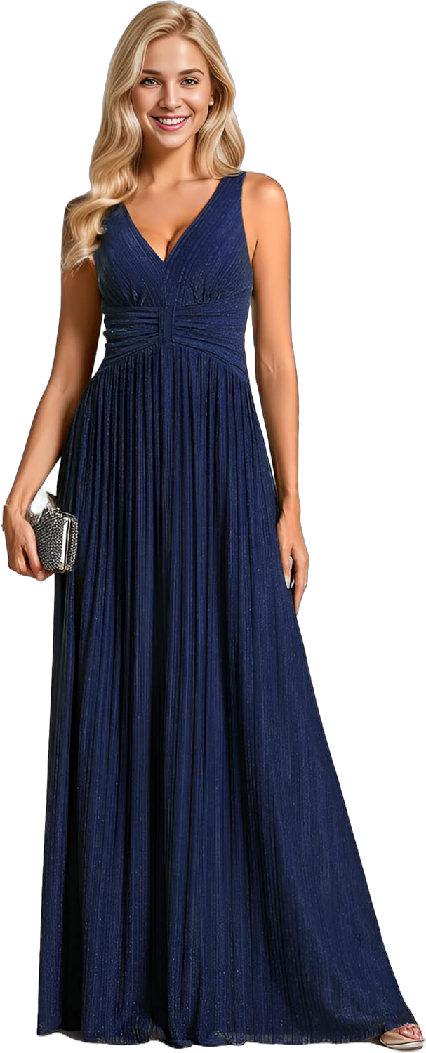 Ever-Pretty Women's Glitter Sleeveless V Neck A-Line Pleated Waist Evening Gowns 02133 24 Navy Blue