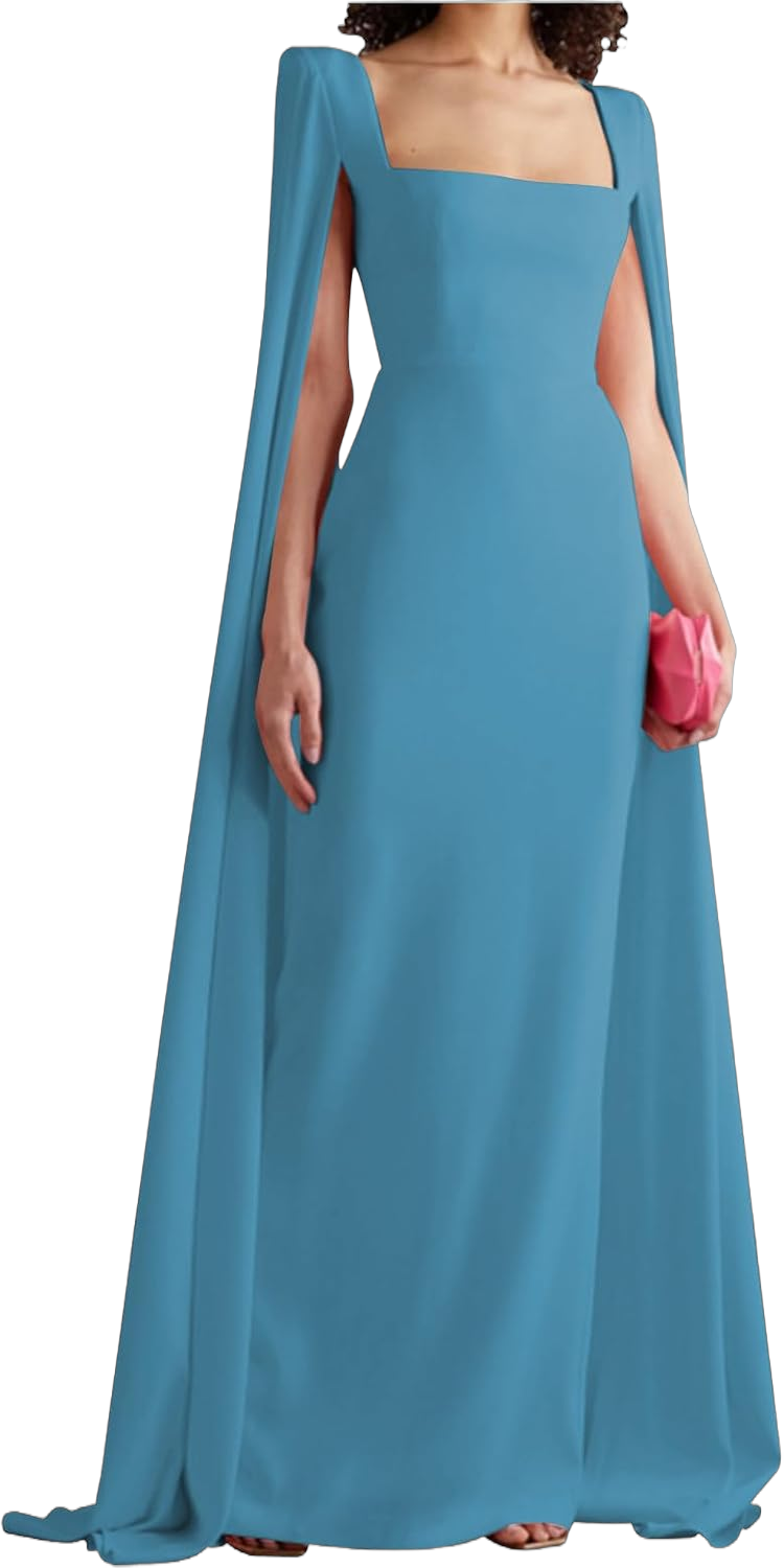 Women's Cape Sleeves Elegant Dress Square Collar Satin Long Sheath Formal Wedding Guest Dress with Back Slit Blue 16