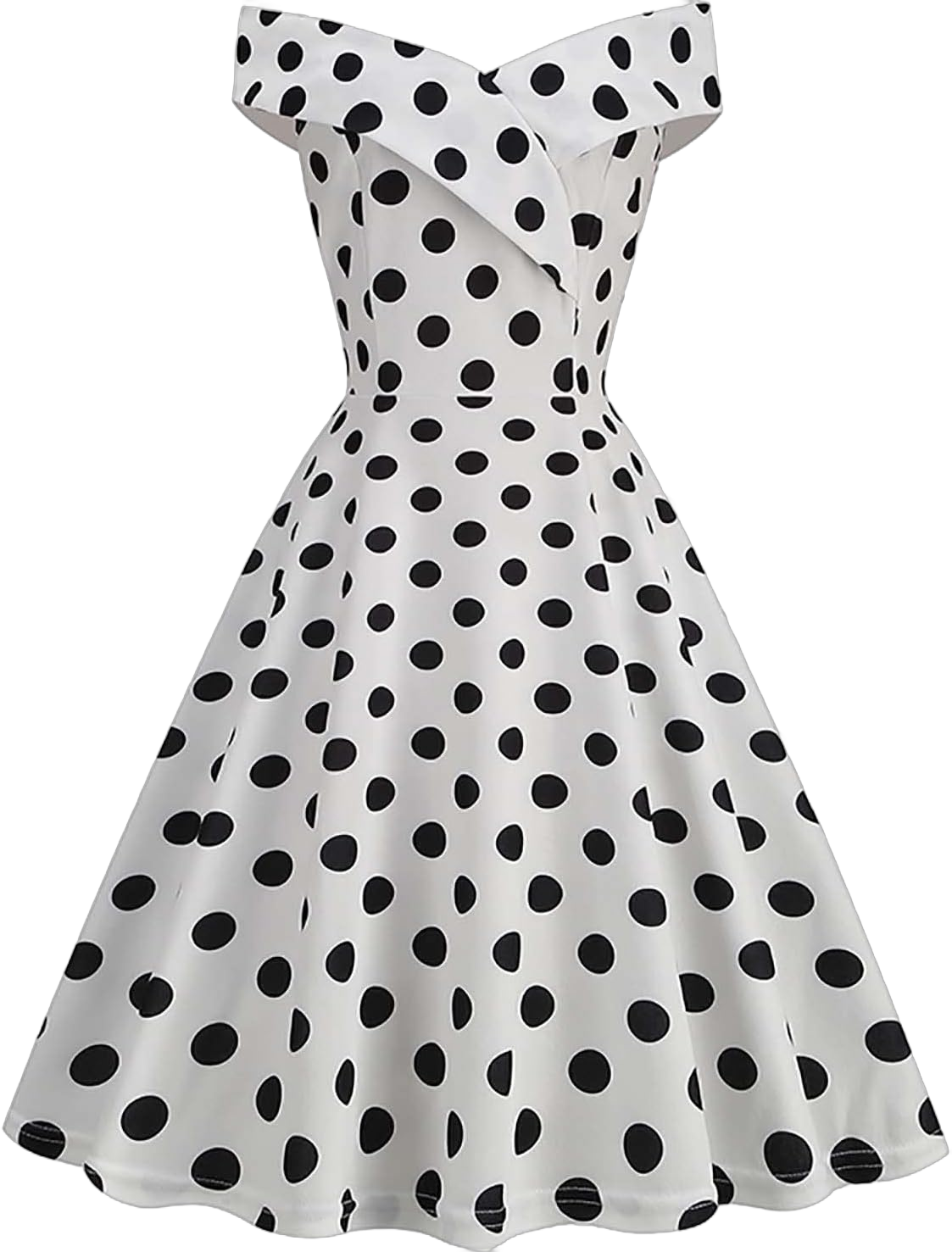 Women's Off Shoulder Sleeveless 1950s Vintage Cocktail Party Swing Dress Patchwork 50s Polka Dot Swing Dresses X-Large White