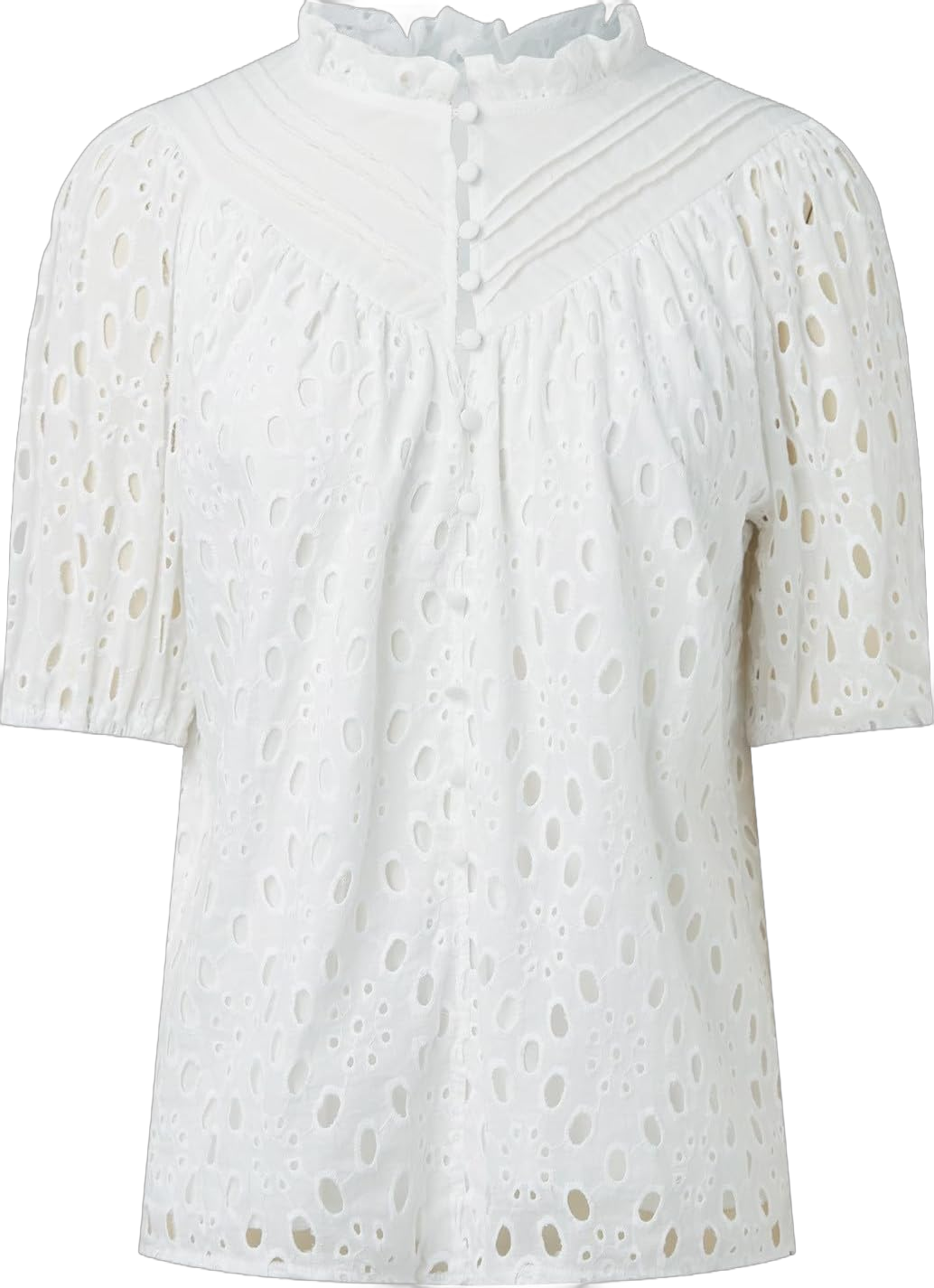 Eyelet Tops for Women Summer Tops Blouse for Women Hollow Out Lace Top Embroidered Blouses V Neck Puff Sleeve Small White