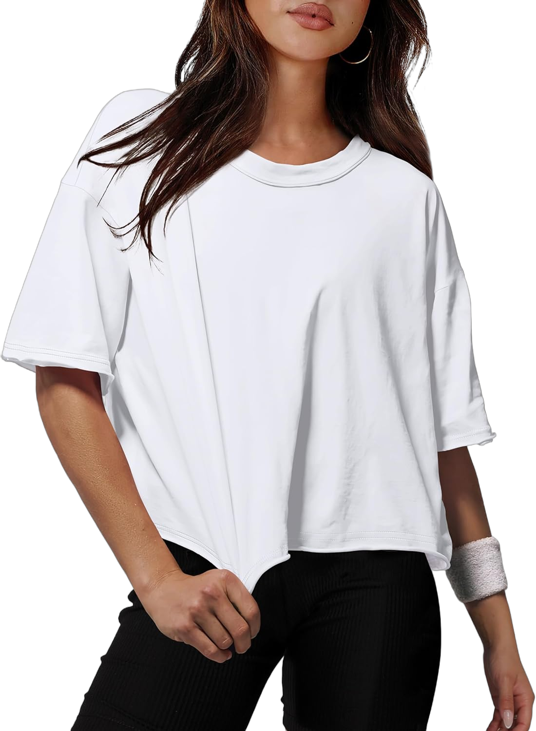 XIEERDUO Cotton Tshirts for Women Drop Shoulder Round Neck Oversized Crop Tops Workout Tops Tees XX-Large A White